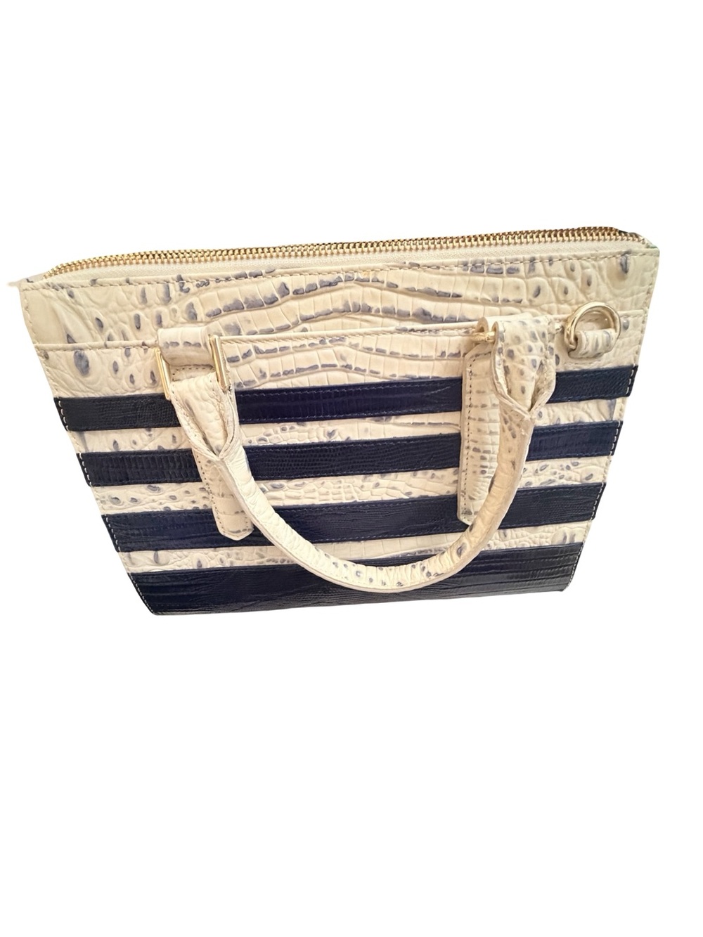 Brahmin navy & white striped melbourne croc embossed satchel + wallet set - Picture 2 of 10